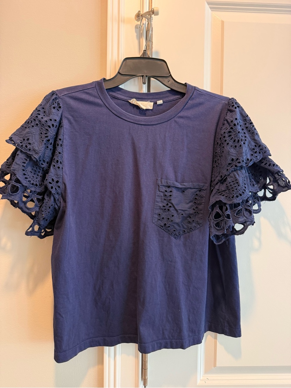 Anthropologie Navy Eyelet Sleeve Pocket Tee